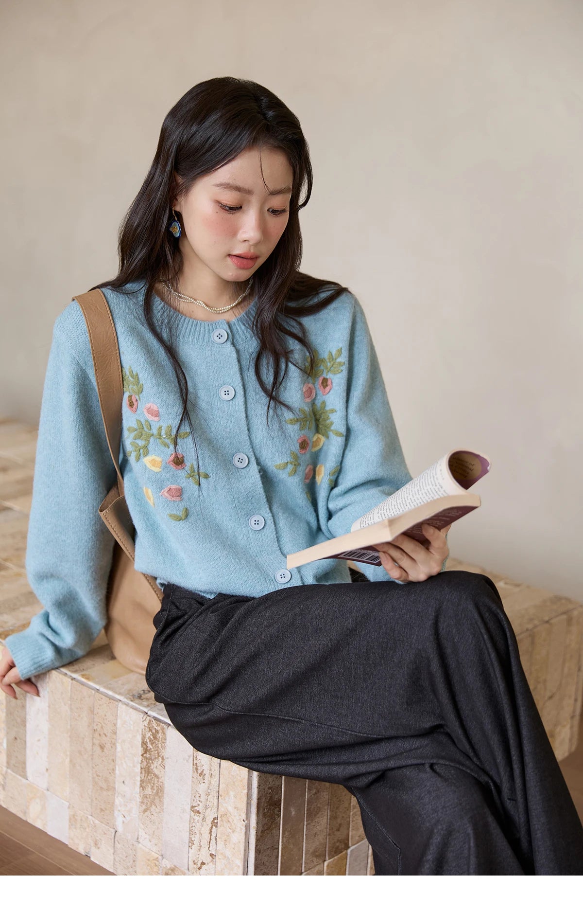 MISHOW Blue Floral Embroidered Cardigan for Women 2025 Autumn Winter New Loose Crew Neck Long Sleeves Sweater Wool MXE51Z2695
