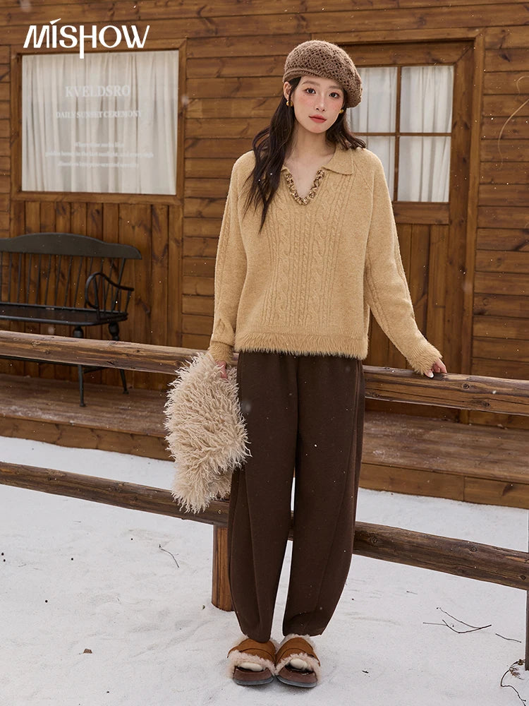 MISHOW Yellow Knitted Sweater for Women 2025 Winter New Long Sleeves Cable Plush Hem Stitching Casual Sweater Luxury MXE88Z2674