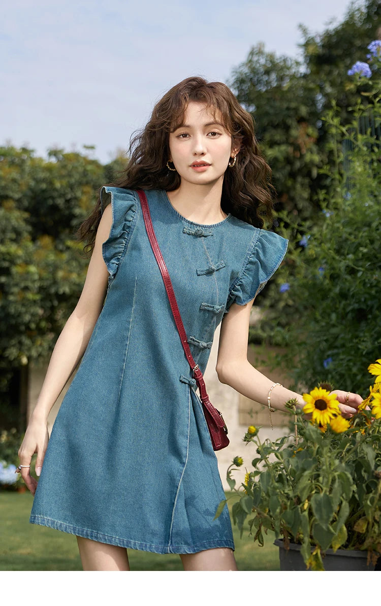 MISHOW Chinese Flying Sleeve Split Denim Dress 2024 Side Flap Buckle Round Neck Denim Waist Loose Knee-Length Dresses MXD22L1851