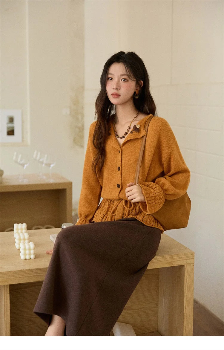 MISHOW Orange Cardigan Women 2025 Winter Retro Openwork Crochet Pattern Knit Top Loose Warm Flared Sleeves Sweater MXE87Z2685
