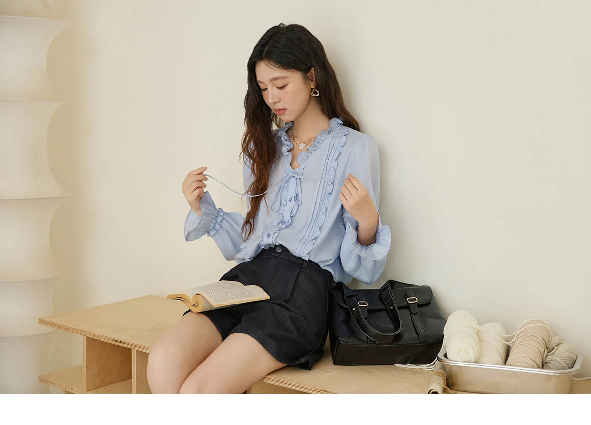 MISHOW 100% Lyocell Women's Blue Shirt 2025 Autumn French Ruffles Long Sleeves Ties Blouse Office Lady Elegant Top MXE45X2484