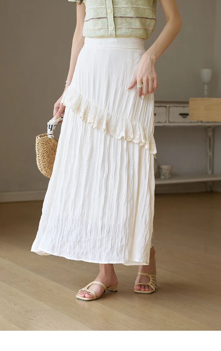 MISHOW Eegnat Lace Edge Skirt for Women Summer 2025 Ruffle Edge High Waist Slim A-line Long Skirt Solid Cake Skirts MXD30B0385