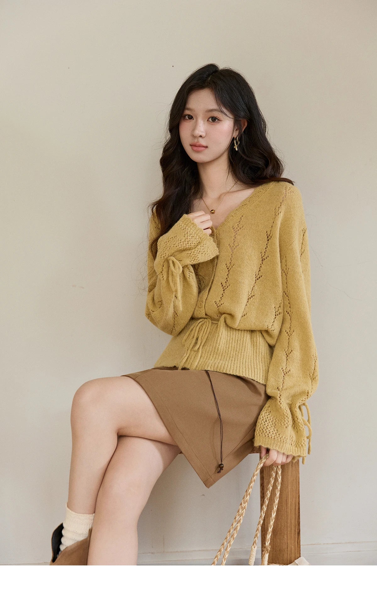 MISHOW Women's Yellow Knitted Cardigan 2026 Spring Hollow Out V-Neck Drawstring Waist Long Sleeve Casual Loose Tops MXF108Z1022