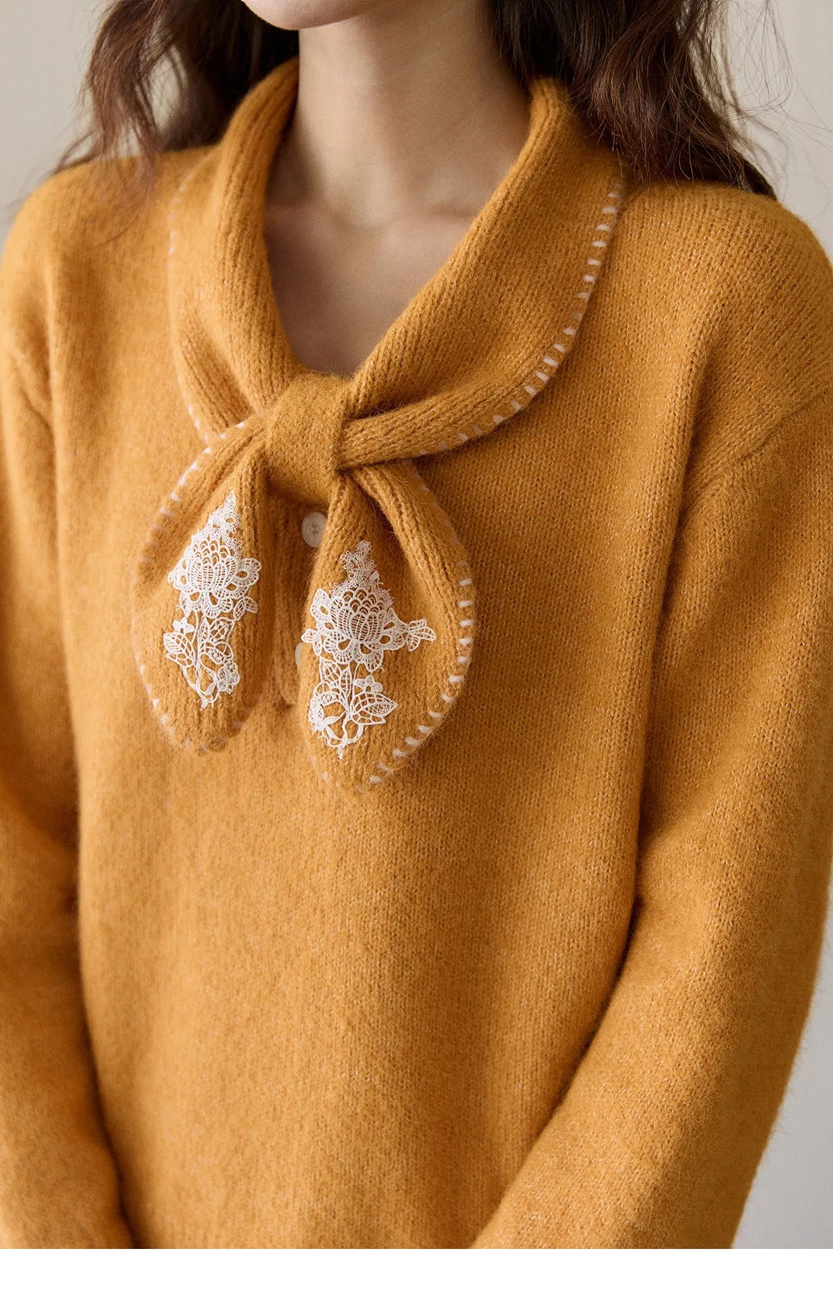 MISHOW Women's Yellow Knitted Sweater 2025 Autumn Winter Bow Collar Splicing Lace Tops Loose Warm Pullover Sweaters MXE94Z2971