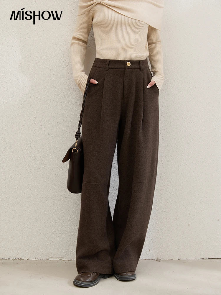 MISHOW Women Pants 2025 Autumn Winter Retro Brown Wide-leg Pants High Waist Design Loose Casual Drape Pants MXE88K1122