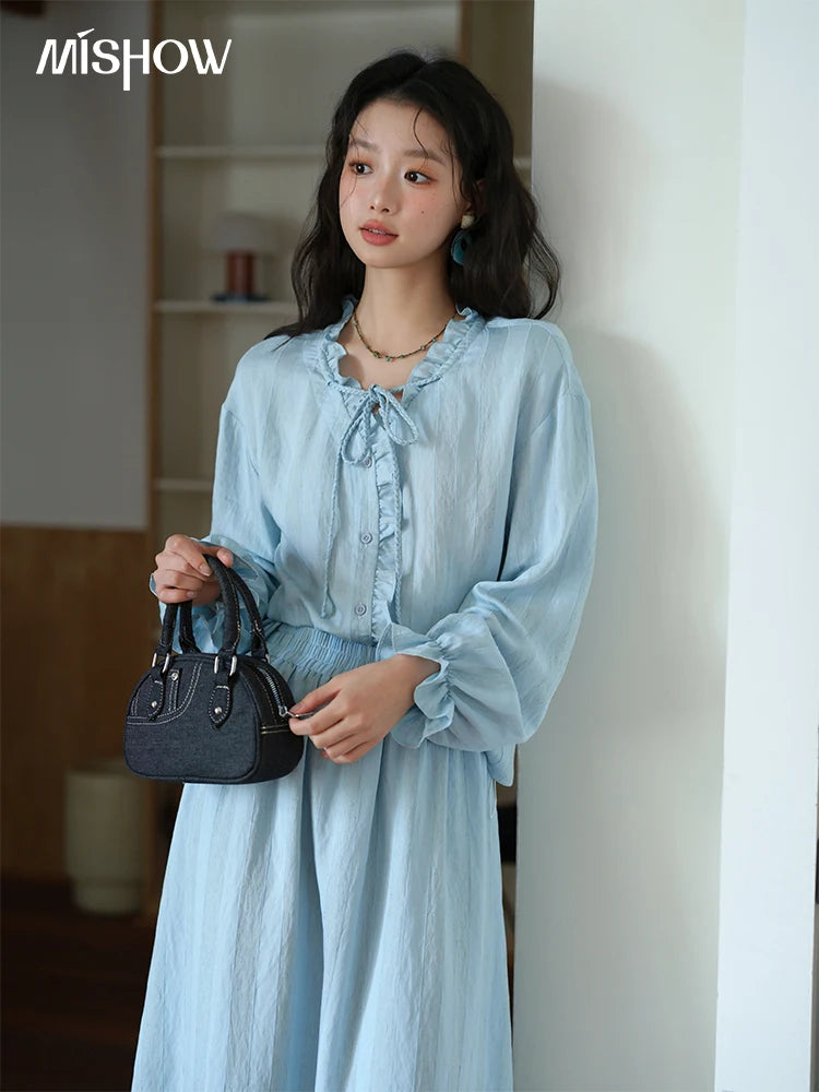 MISHOW Women's Light Blue Striped Linen Suit 2025 Autumn Fungus Edge V-neck Lace-up Shirt Elastic Waist Skirt Two pcs MXE41T0700