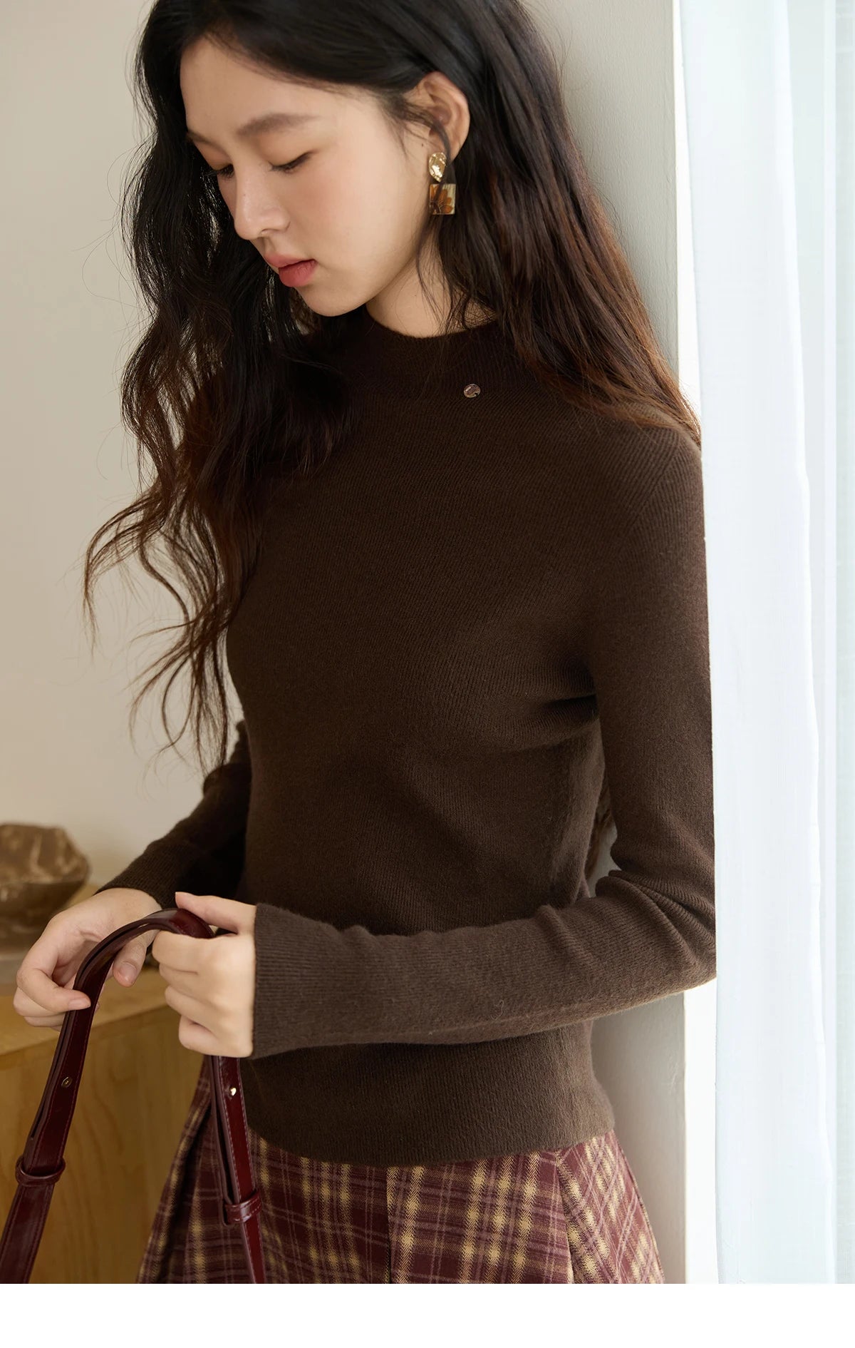 MISHOW Woman Long-sleeved Tops 2025 Autumn Winter Minimalist Mock Neck Knited Top Commute Casual Slim Pullover Woman MXE48Z2583