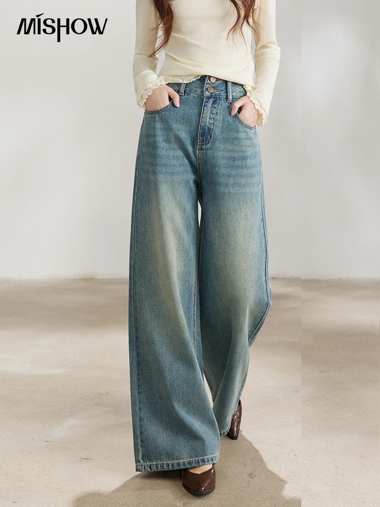 MISHOW Women's Vintage Blue Wide Leg Jeans Spring High Waist Cotton Pants Two-button Loose Casual Denim Trousers MXF108K1005