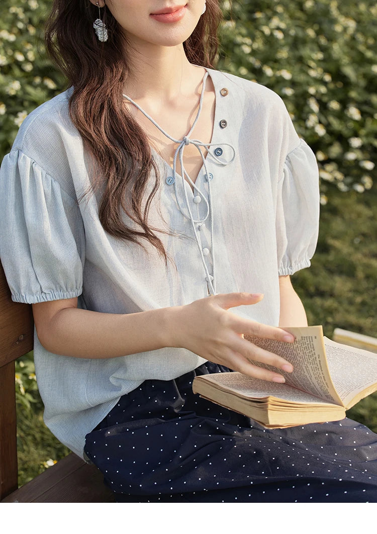 MISHOW French Summer Blouses Women Solid Short Puff Sleeve V-neck Lace-up Design Shirts Female Fashion Straight Tops MXE33X1743