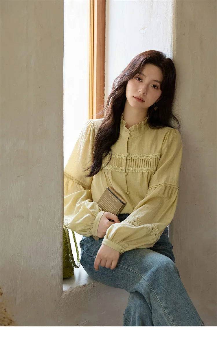 MISHOW Light Yellow Linen Solid Shirt 2025 Autumn Splicing Lace Hollow Sleeves Shirts Stand Collar Top Office Lady MXE42X1976