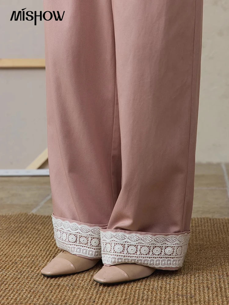 MISHOW Hem Lace Hollow Out Wide Leg Pants for Women Summer 2025 High Waist Loose Pink Pants Straight Leg Trousers MXE31K0900