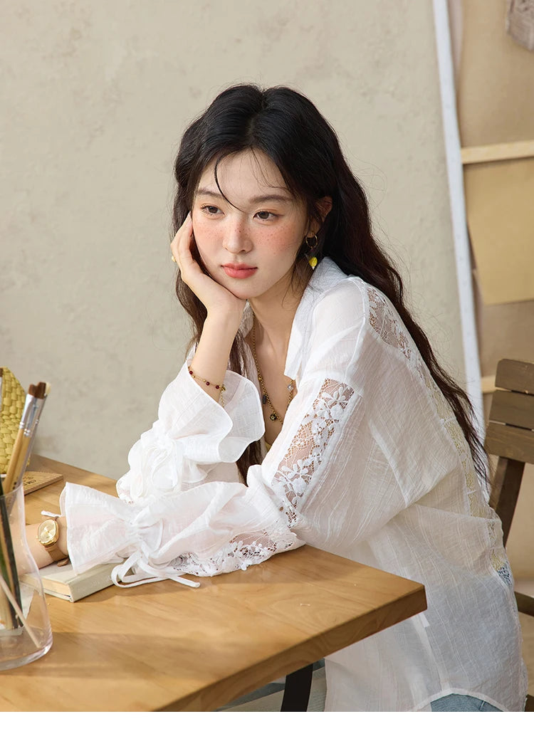 MISHOW Blend Patchwork Lace Cool Shirt Female Autumn 2025 Korean Loose Lapel Drop Sleeve Shirts Drawstring Cuffs Top MXE31C0789