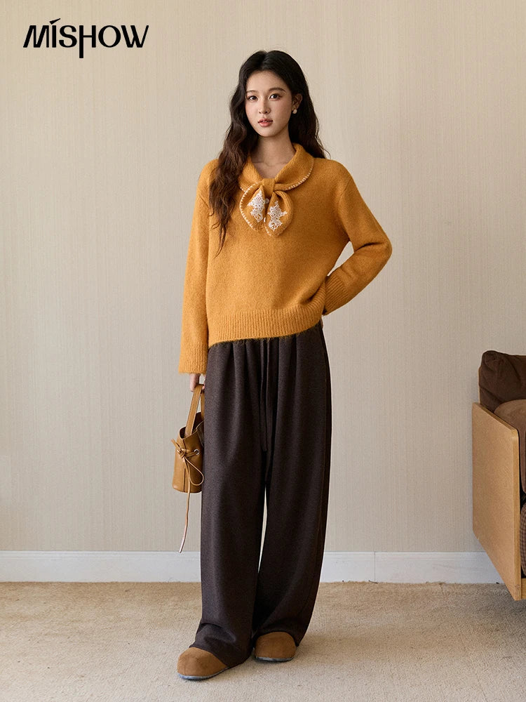 MISHOW Women's Yellow Knitted Sweater 2025 Autumn Winter Bow Collar Splicing Lace Tops Loose Warm Pullover Sweaters MXE94Z2971