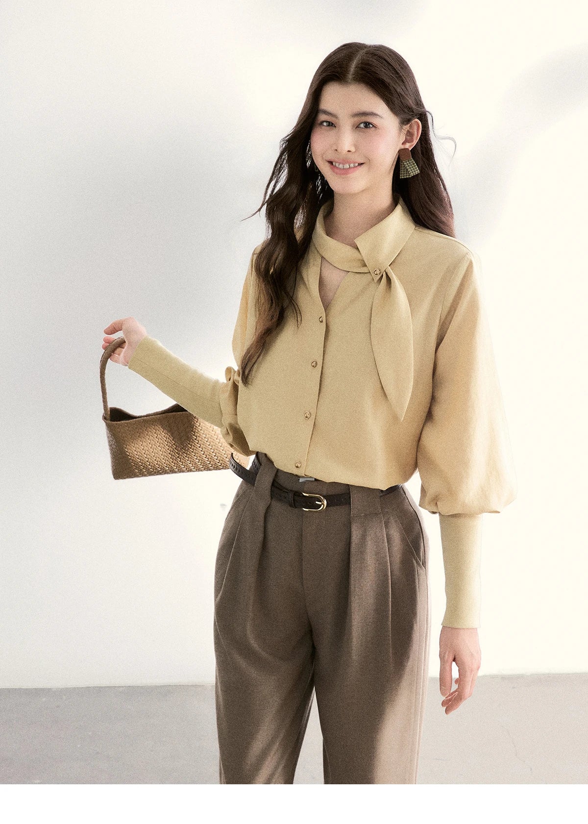 MISHOW Women's Tie Neck Shirts Spring Hollow-out Knitted Patchwork Puff Sleeve Tops Casual Elegant Shirt Office Lady MXF108C0812