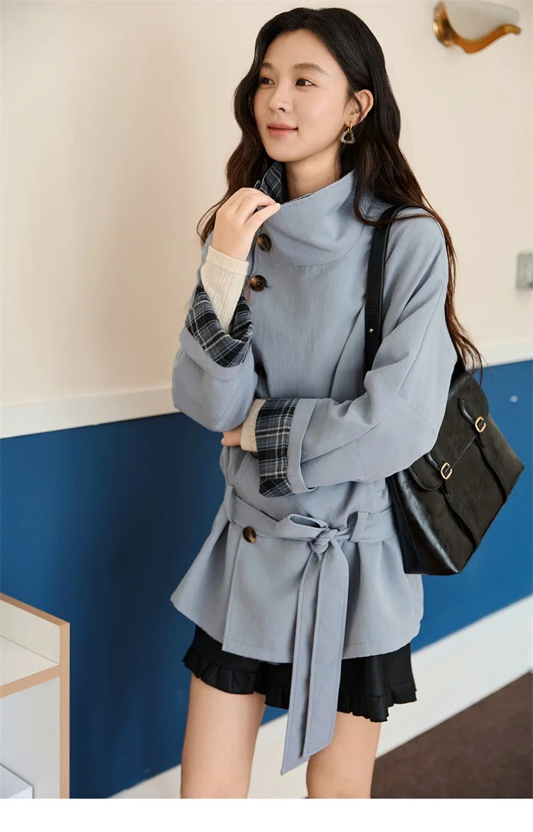 MISHOW Two Sided Outerwear Trench for Women Autumn Winter 2025 Blue Plaid Patchwork Diagonal Placket Belt Trench MXE48W0871