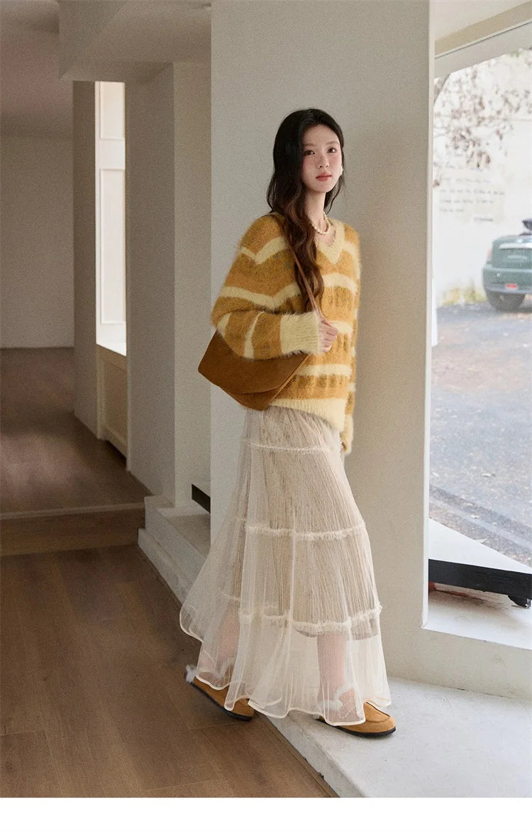 MISHOW Women's V-neck Knit Pullover Retro Yellow Striped Sweater 2025 Casual Faux Mink Jacquard Loose Knit Sweater MXE87Z2766