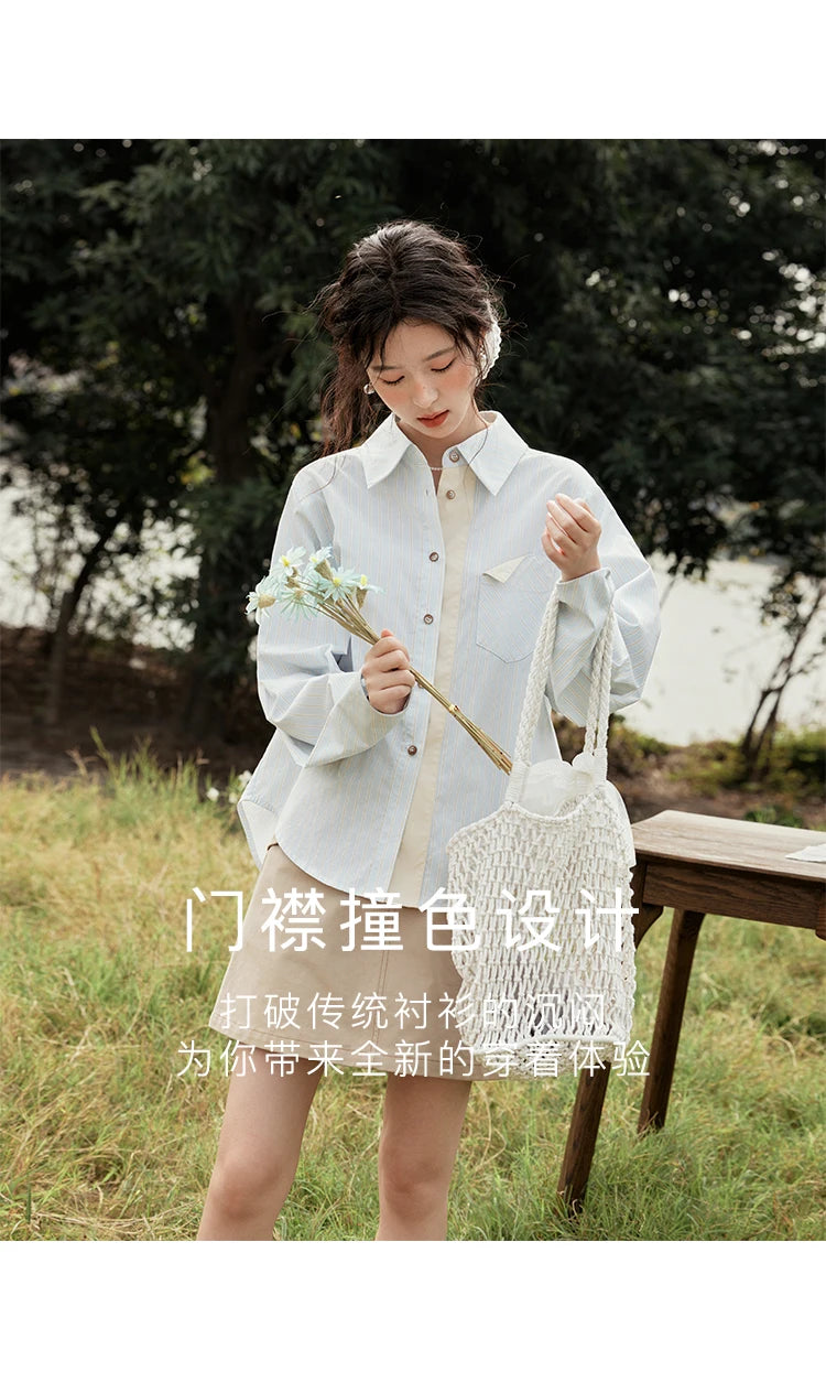 MISHOW Light Blue Striped Shirt for Women Spring 2025 Contrast Color Placket Shirt 100 Cotton Polo Neck Commuting Top MXE15C0762