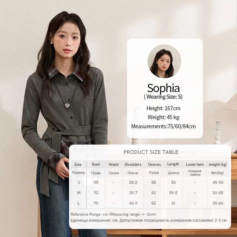 MISHOW Women's Shirt 2025 Autumn Winter Fake Two-piece Plaid Patchwork Knit Top Lapel Waist Tie Embroidery Design Top MXE89C2421