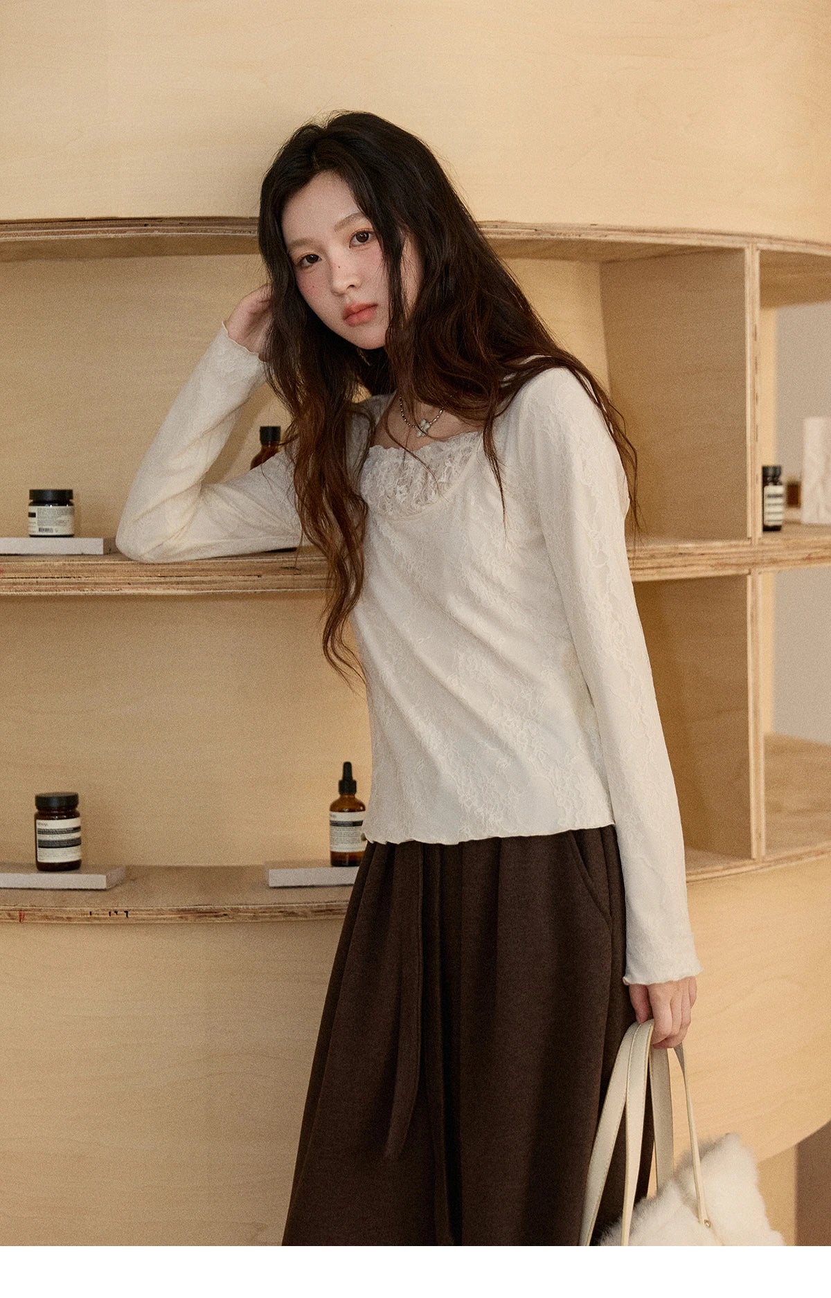 MISHOW Women Long Sleeve Tees 2025 Autumn Winter Elegant Beige Lace Patchwork Top Women Large U-neck Slim Fit Top MXE91X2514