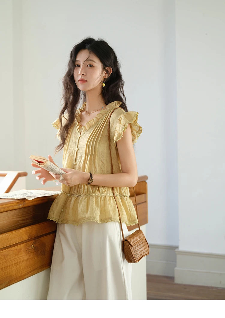 MISHOW Women's Summer Shirt 2025 New Wood Ear V-neck Flying Sleeve Shirt Casual Wrinkle Spliced Button Ladies Top MXE37X1908