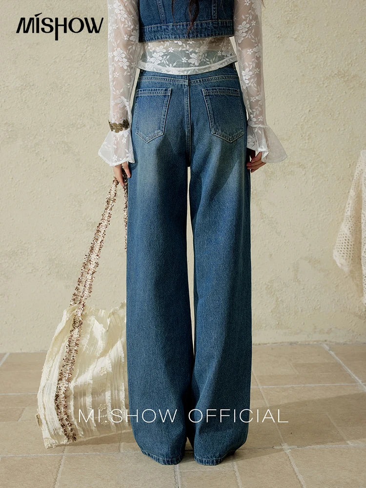 MISHOW Casual Straight Leg Jeans for Women 2025 Spring Versatile Washed Loose Women Pants Fashionable Denim Pants MXE16K0874