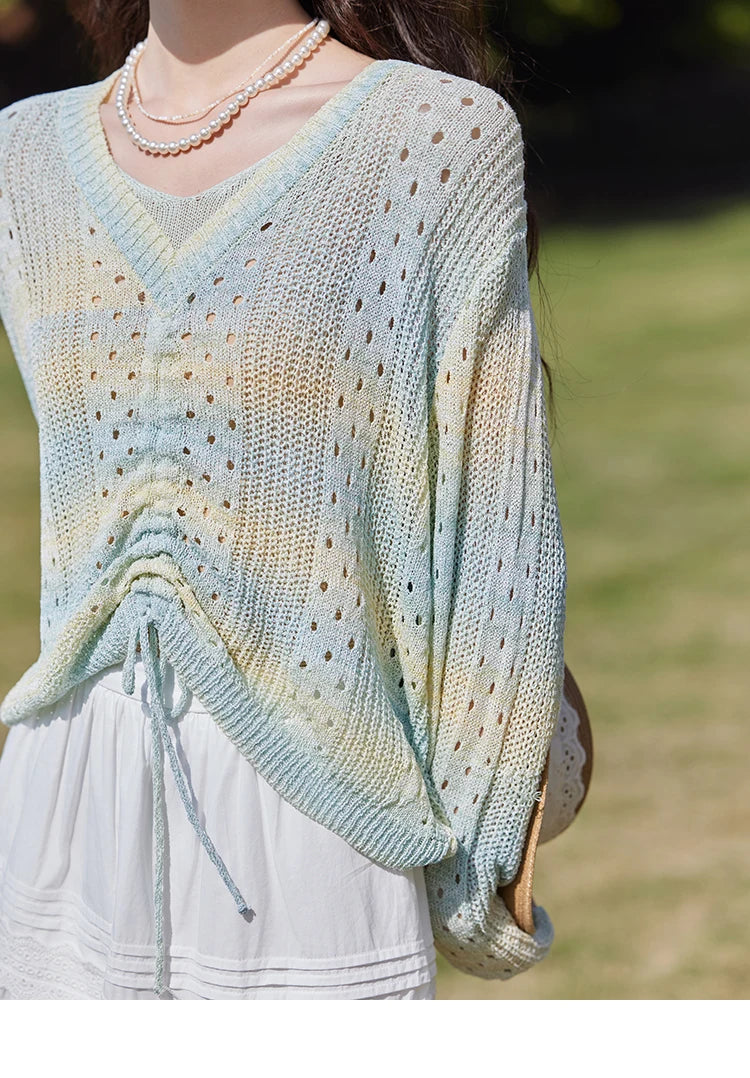 MISHOW Gradient Blue Green Knitted Sweater Women 2025 Autumn Long Sleeve V-neck Drawstring Tops New Fashion Sweaters MXE16Z1171