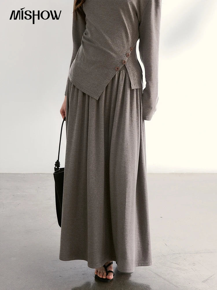 MISHOW Women's Grey Irregular Top Elastic Waist Skirt Two-Piece Set Spring Off-Shoulder Lace Trim Top Maxi Skirt Set MXF13T1479