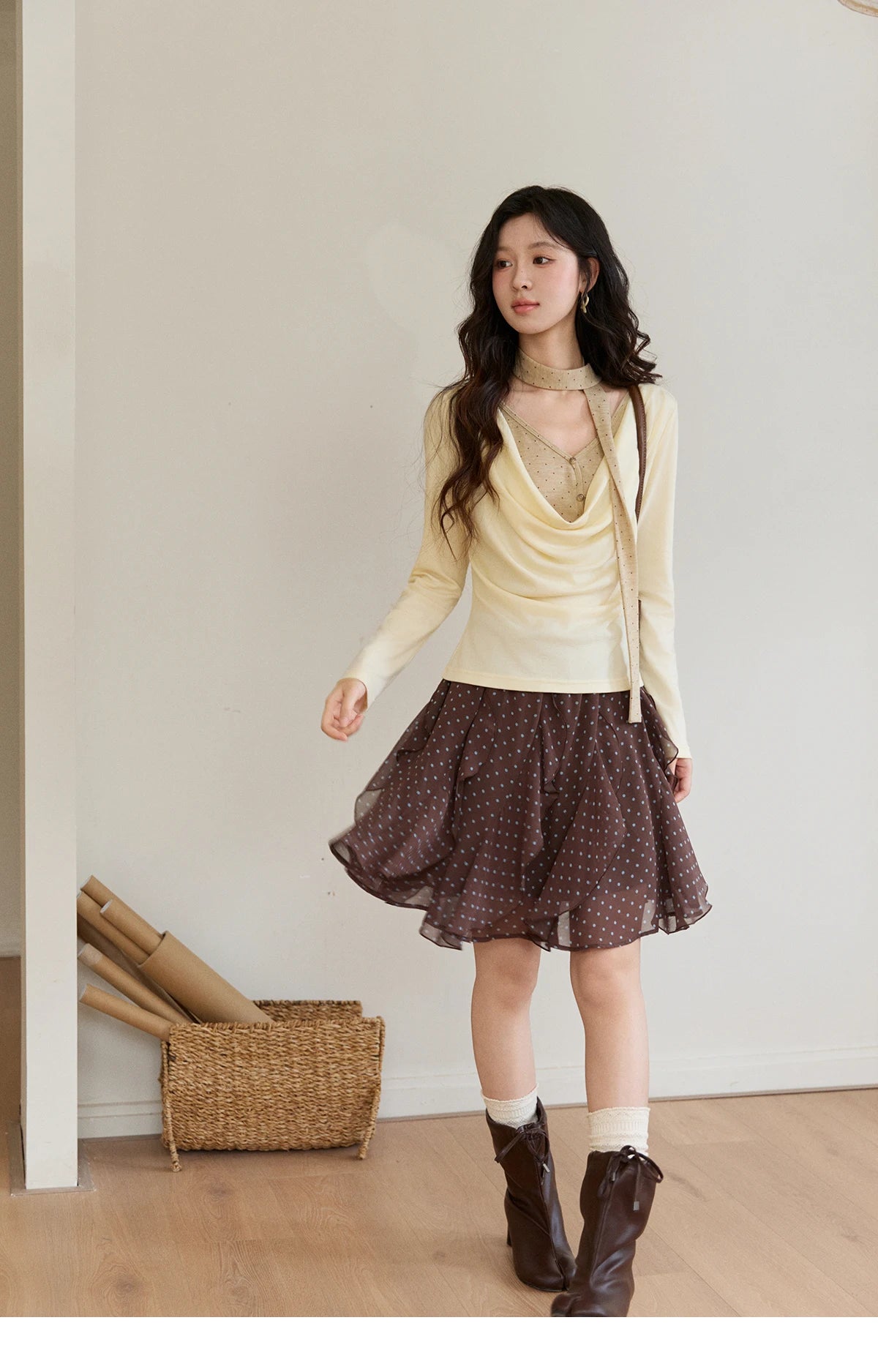 MISHOW Women's Wool Blend Fake Two Piece Draped Neck Knit Top 2026 Spring Wave Point Ribbon Contrast Color Casual Top MXF13Z2977