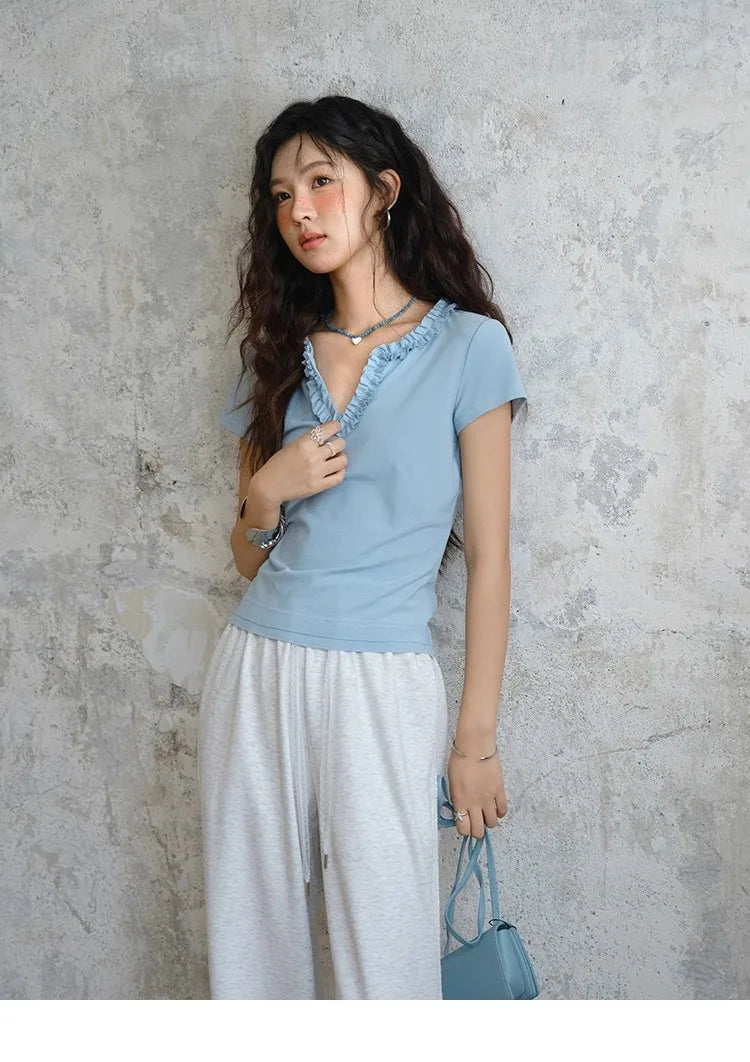 Mishow Lace V-Neck Short Sleeve Tee MXE35T0562