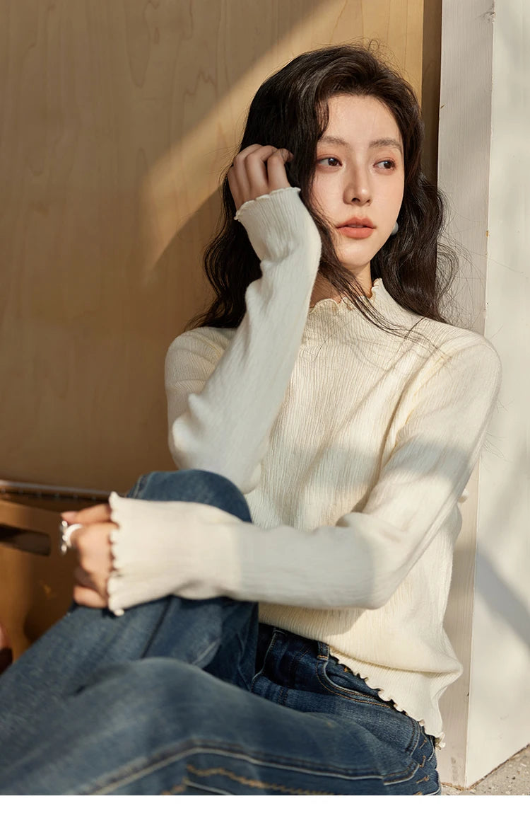 MISHOW Bottom Knitted Sweater Women Ruffled Edge High Collar Long Sleeve 2025 Winter Solid Slim Thin Internal Tops MXD48Z0850