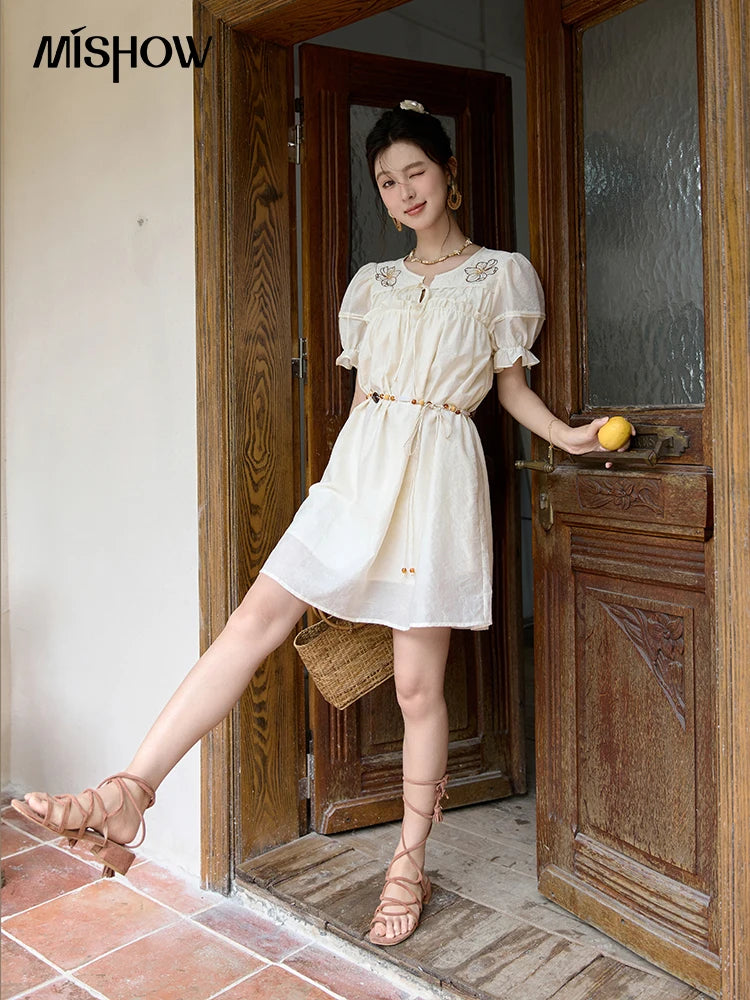 MISHOW Vacation Retro Sweet Dress for Women 2025 Summer Jacquard Embroidered Bubble Sleeve Dresses with Bohemian Belt MXD30L1864