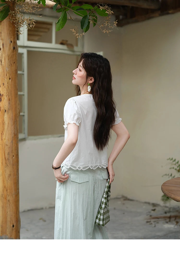 MISHOW 100%Cotton Hollow Embroidery Round Neck Shirt for Women 2025 Summer Puff Sleeve Casual Top Women's Clothing MXE39X1938