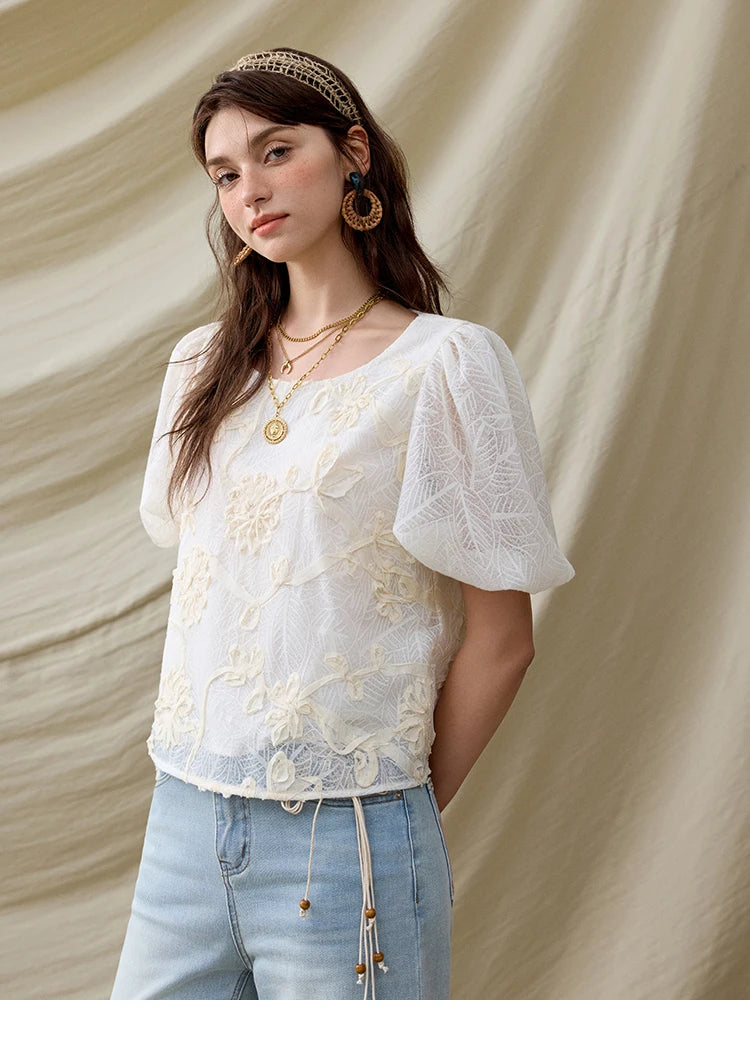 MISHOW French Summer Blouses Women New 2025 Short Puff Sleeve Round Neck Jacquard Flower Slim Shirts Woman Versatile MXE32X1772