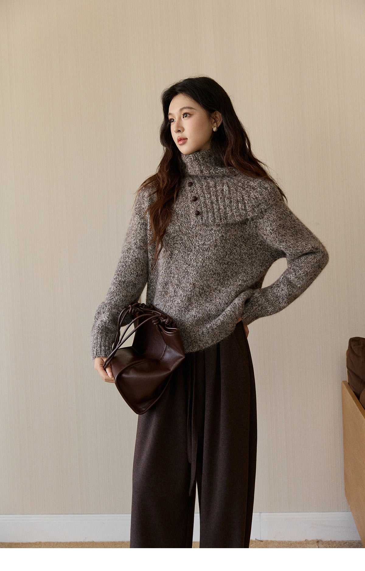 MISHOW Women's Gray Knit Sweater with Neckwear Scarf 2025 Winter Textured Button Decor Loose Warm Pullover Sweater MXE94Z2978