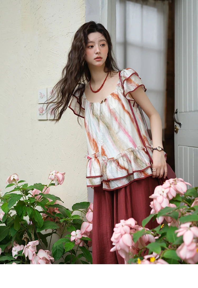 MISHOW Women's Retro Stripe Print Blouse 2025 Summer New Fashion O-Neck Butterfly Sleeve Ladies Casual Patchwork Top MXE38X1862