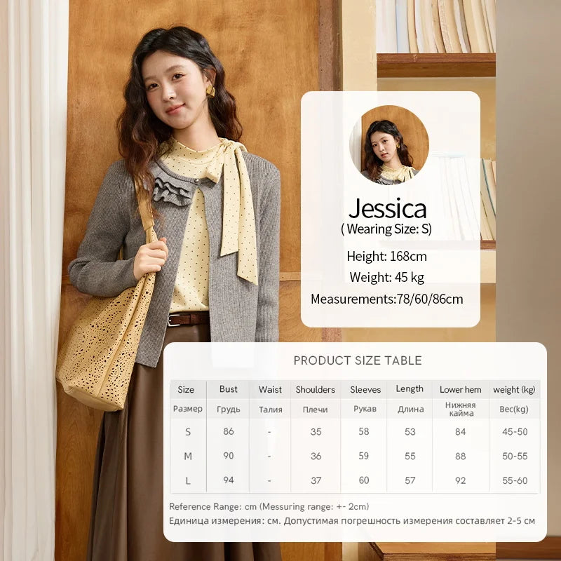 MISHOW Gray Knitted Cardigan Women 2025 Autumn Winter New Ruffled Collar Floral Yarn Striped Loose Lazy Casual Tops MXE45Z1378