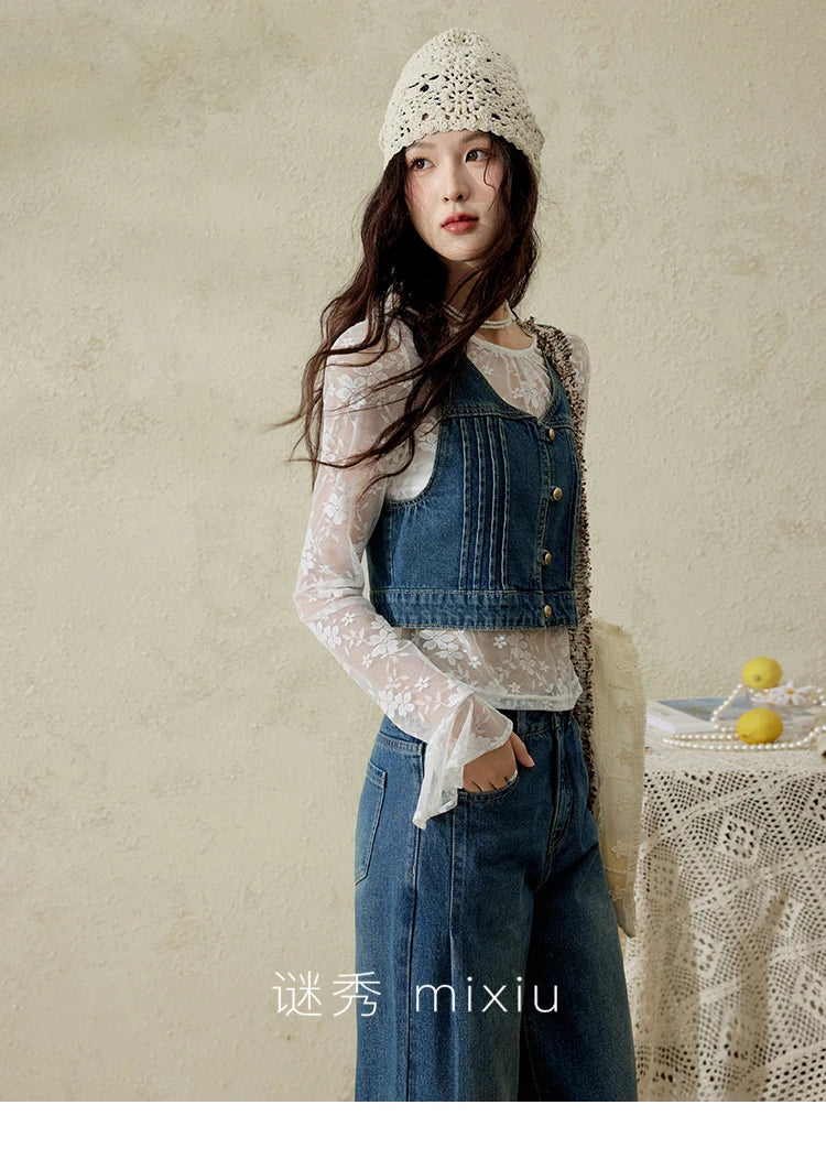 MISHOW Retro Denim Vest Coat for Women Spring Summer 2025 Deep Blue V-neck Short Versatile Outer Outfit U-neck Ccoats MXE16W0750