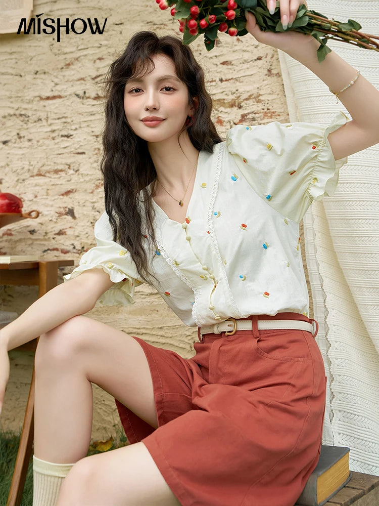 MISHOW 100% Cotton Women's Puff Short Sleeve Shirt 2025 Summer New Square Neck Blouse Embroidered Lace Patchwork Tops MXD22X1420