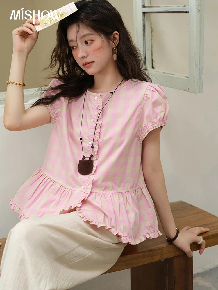 MISHOW Women's Puff Sleeve Plaid Button Shirt 2025 Summer New Fashion O-Neck Wood Ear Casual Shirt Cotton Pink Top MXE39X1932