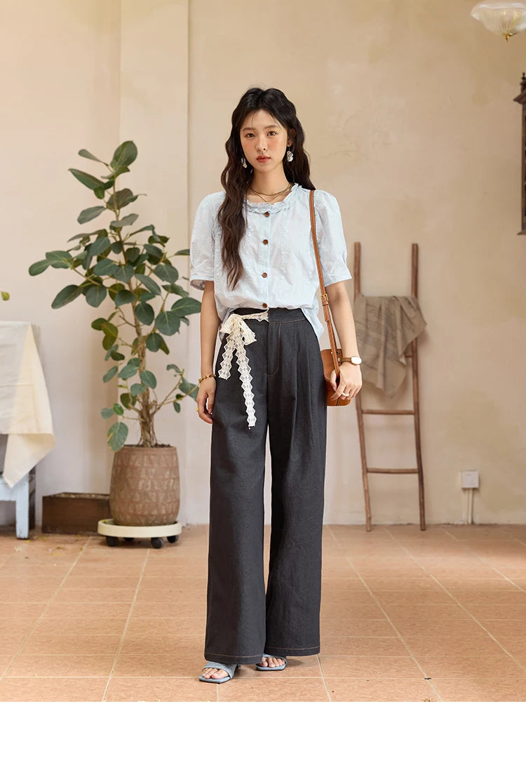 MISHOW 100% Cotton Women's Puff Sleeve Shirt 2025 Summer New Fashion Round Neck Button Top Casual Female Clothing MXE36X1873