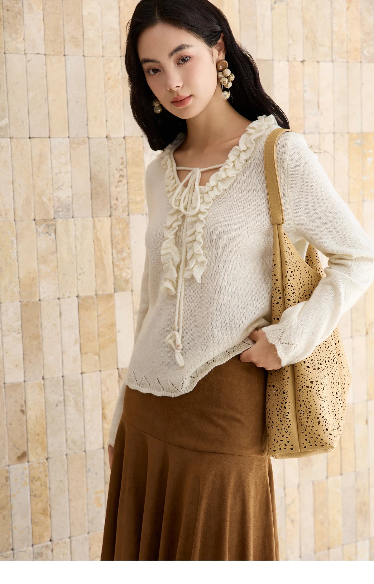 MISHOW Women Long Sleeve Tees 2025 Autumn New V-neck Wood Ear Hollow Out Knitted Sweater Women's Beige Wool Top MXE51Z2595