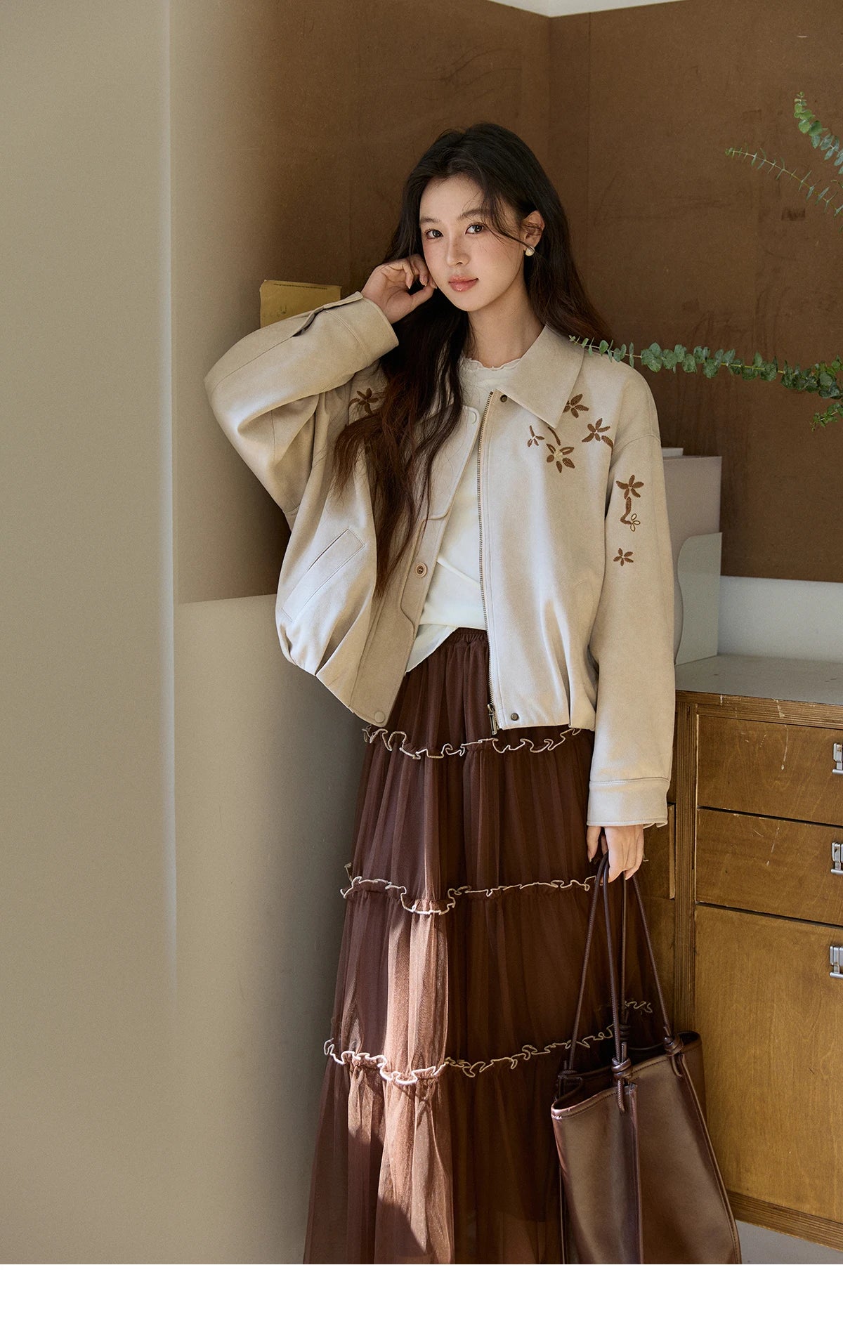 MISHOW Women's Imitation Suede Jacket2026 Spring Floral Embroidery Lapel Zipper Coats Long Sleeve Casual Outerwear MXF11W1027