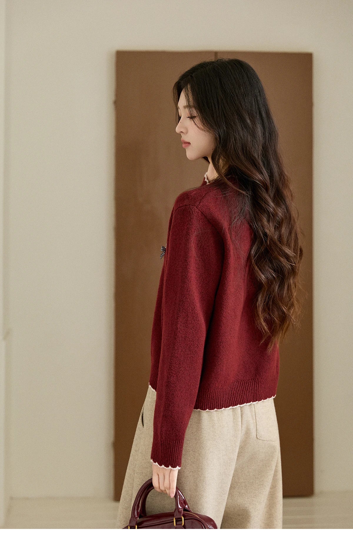 MISHOW Women's Burgundy Knitted Sweater 2025 Winter Poodle Pattern Ruffled Trim Crew Neck Sweater Warm Pullover Tops MXE93Z2949