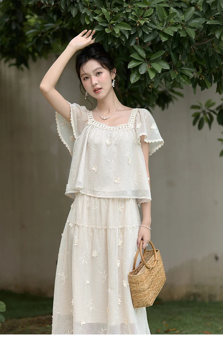 MISHOW Elegant Butterfly Flying Sleeve Blouses Elastic Waist Skirt Separately Summer Back Lace-up Top Midi Skirts MXD29X1559