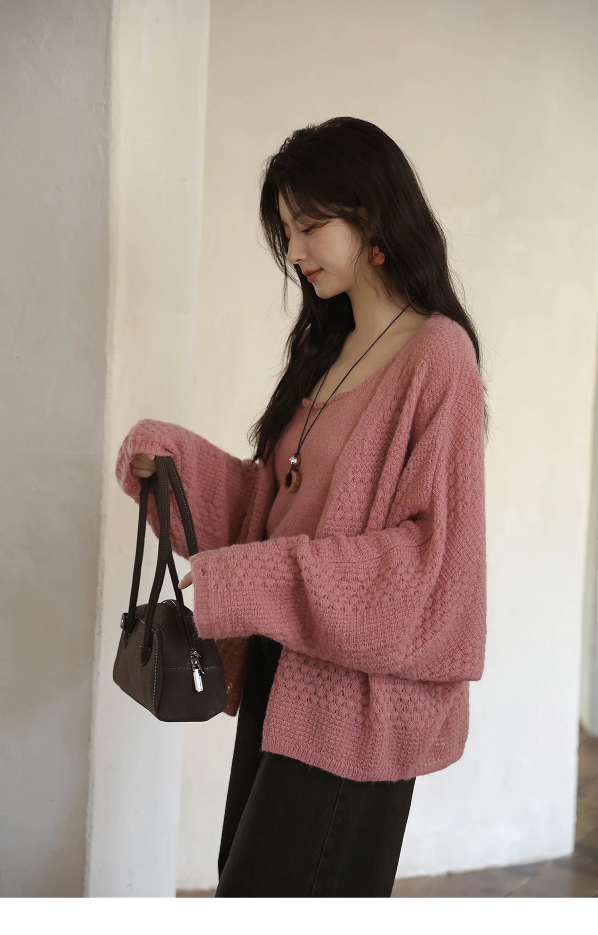 MISHOW Women's Pink Knit Two-Piece Set 2025 Autumn Sweet Long Sleeves Cardigan with Vest Casual Women's Clothes Set MXE44T0737