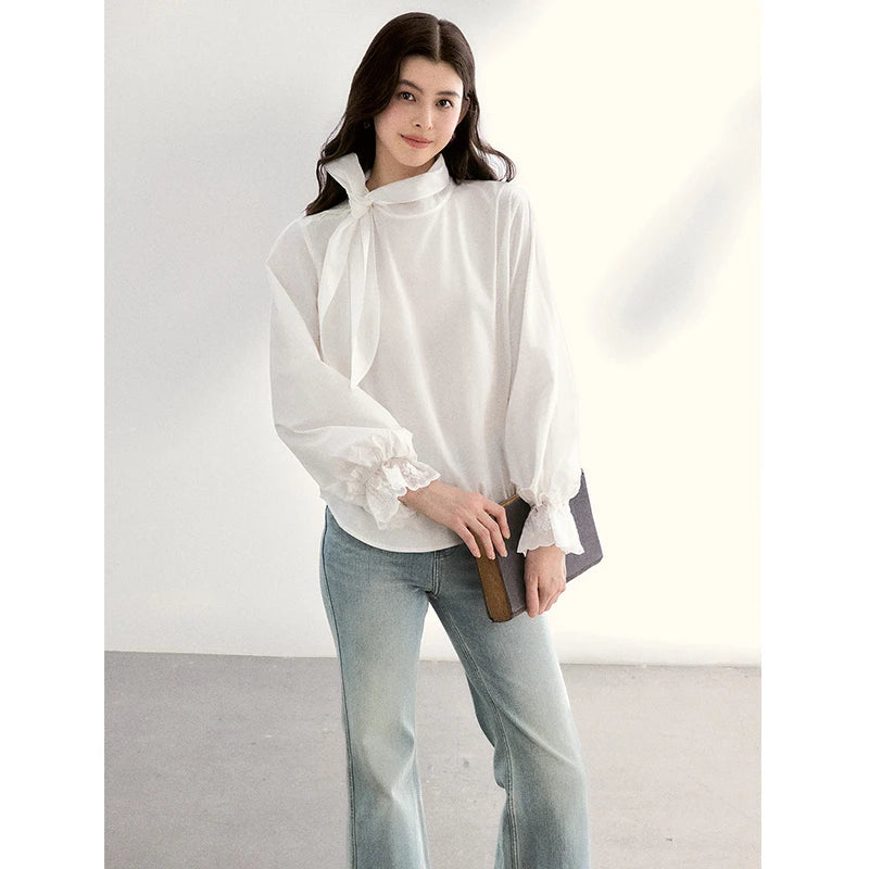 MISHOW Women's White Blouse Spring Bow Tie Neck Lantern Sleeve Patchwork Lace Blouses Casual Elegant Top Office Lady MXF108C0814