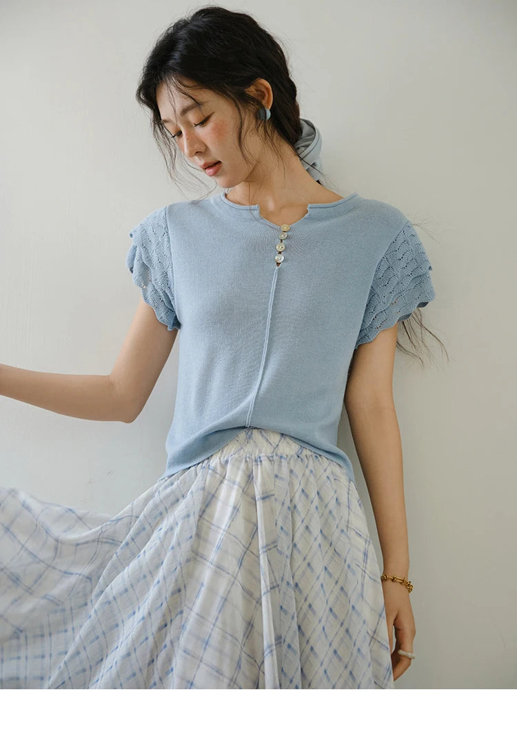 MISHOW Sheep Wool Knitted T-shirt for Women 2025 Summer New Button O-Neck Short Sleeve Blue Top Female Clothing MXE34Z1262