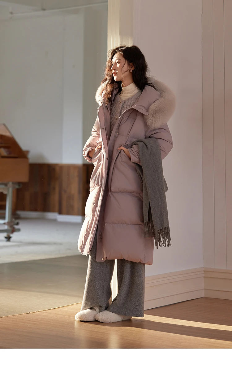 MISHOW Long Hooded Down Coats Fox Fur Collar Bread Jacket Duck Down Quilt Clothing 2024 Winter Women Thickened Coat MXD56Y0054