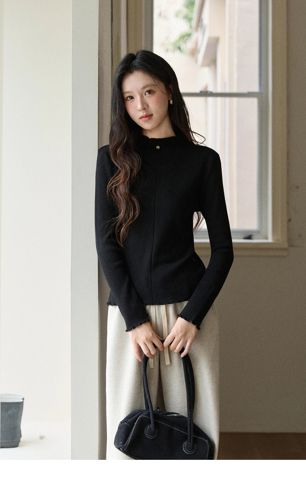 MISHOW Women's Knitted Long-Sleeved Top 2025 Winter Solid Slim Fit Ruffled Turtleneck Sweater Warm Soft Commuting Top MXE91Z2826