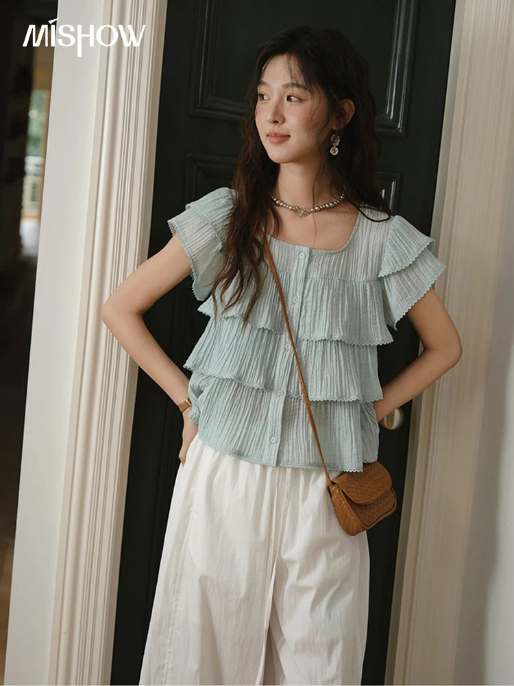 MISHOW Butterfly Sleeve Chiffon Shirt Women's 2025 Summer New Women's Clothing Retro Square Neck Button Casual Shirt MXD30X1488